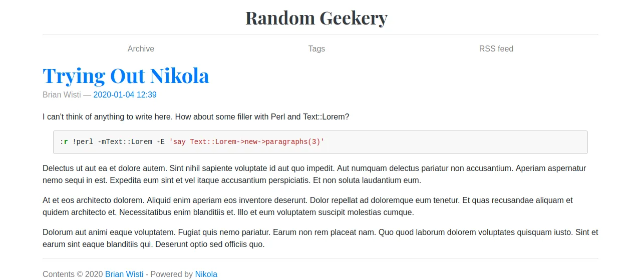 Index page with one post screenshot of page with post content