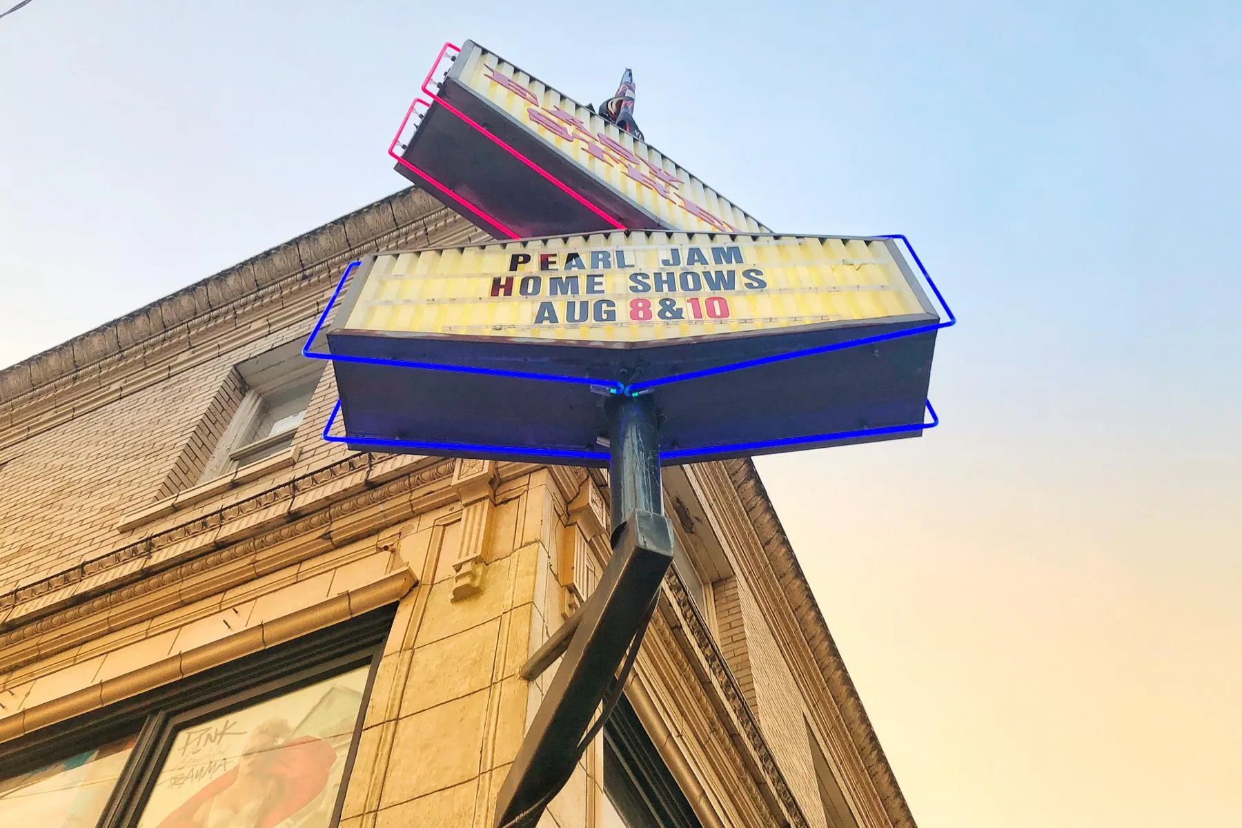 Easy Street announcement for 'Pearl Jam Home Shows Aug 8 & 10' Easy Street reader board