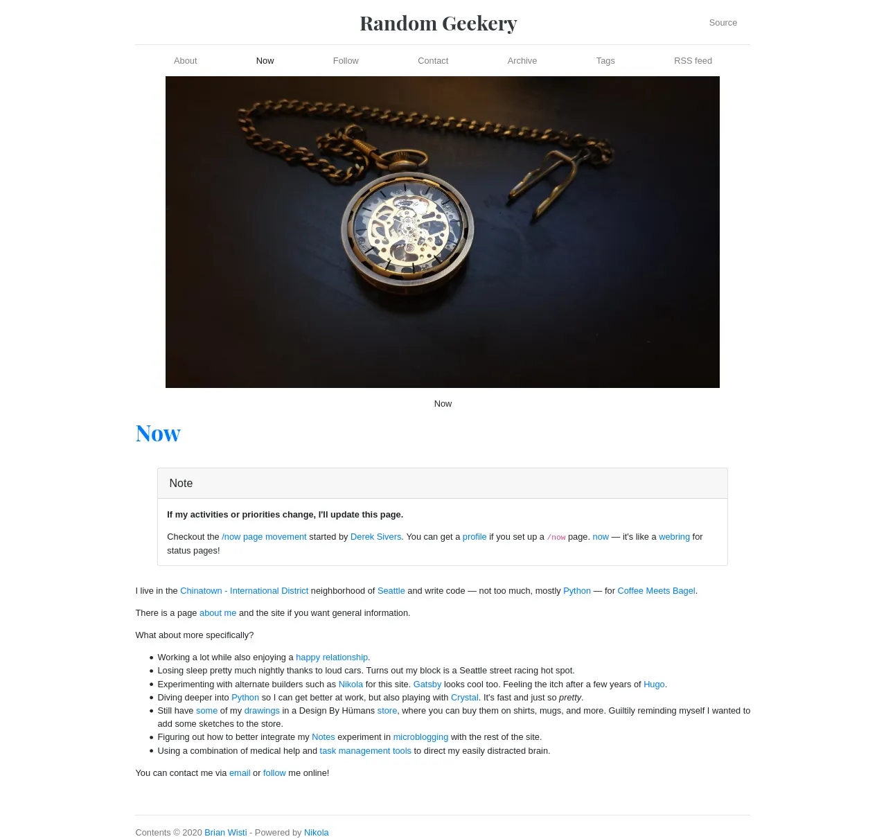 screenshot of /now page with nikola style