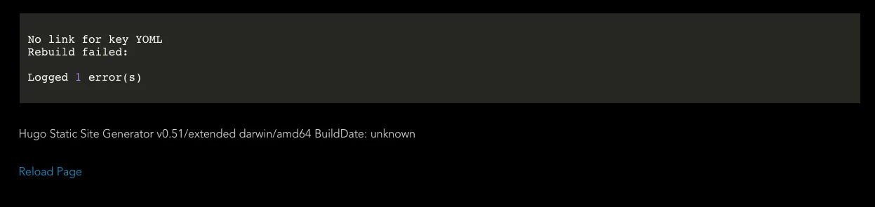 Hugo shows the error in-browser
