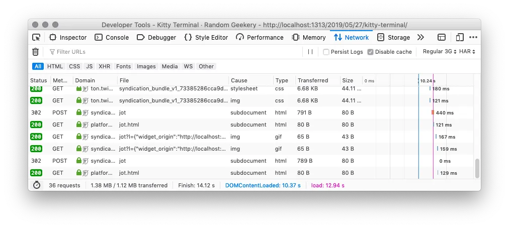 Firefox Developer Tools network tab with throttling at
3G