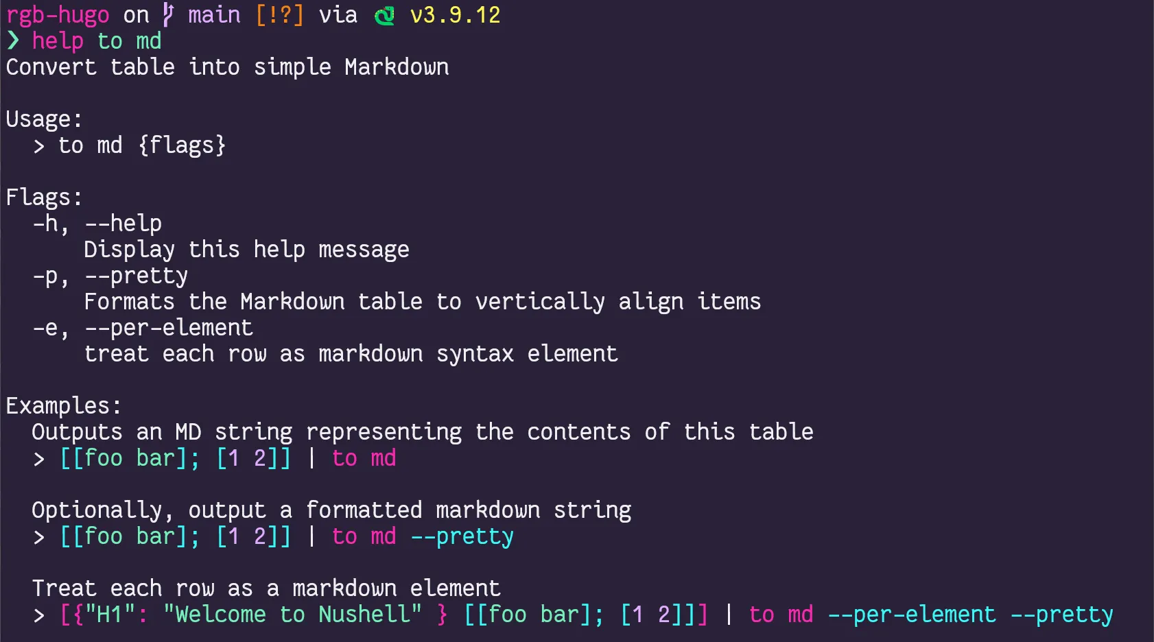 screenshot of Nushell builtin help, with usage, flags, and examples