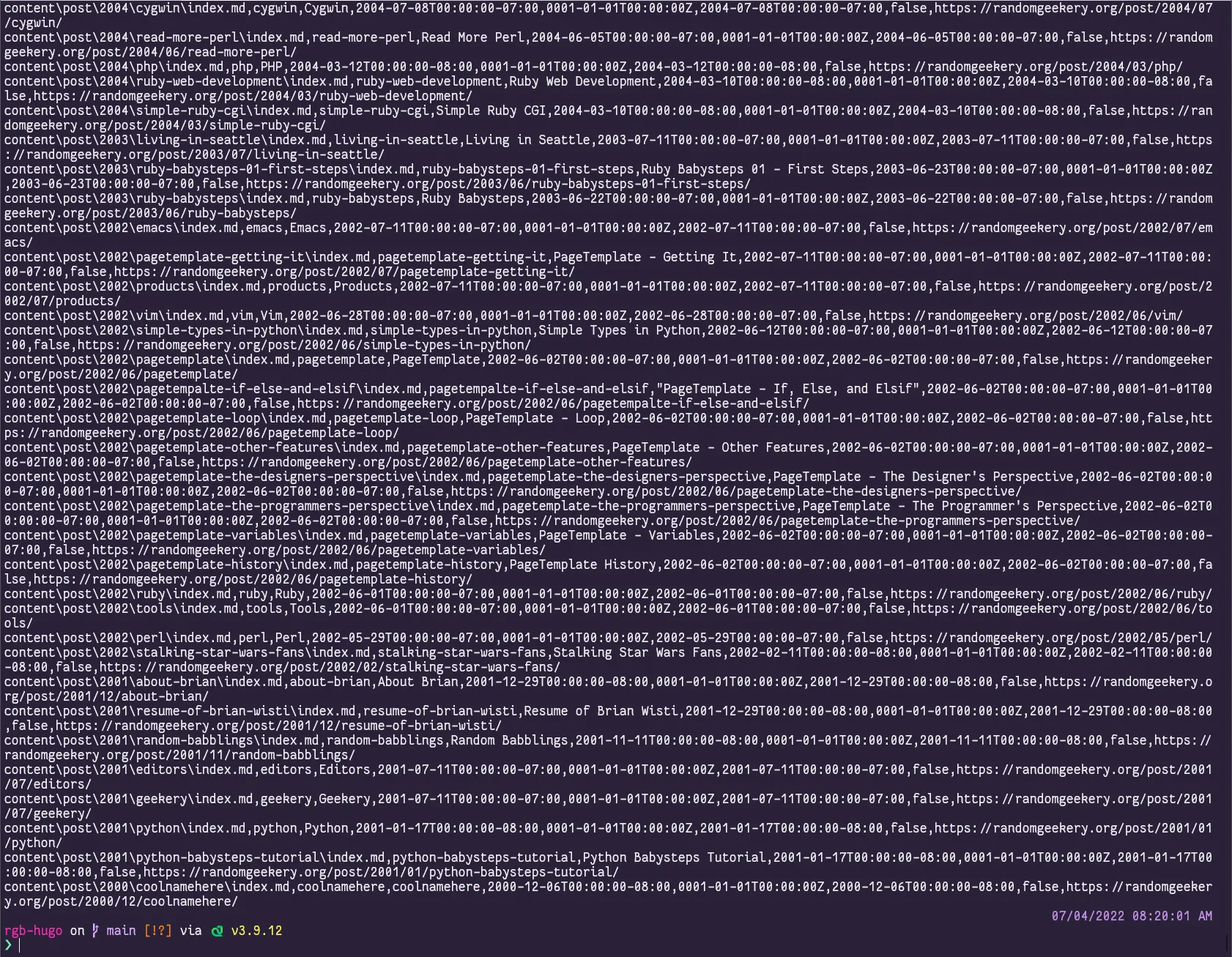 output of command is a dense blast of CSV text