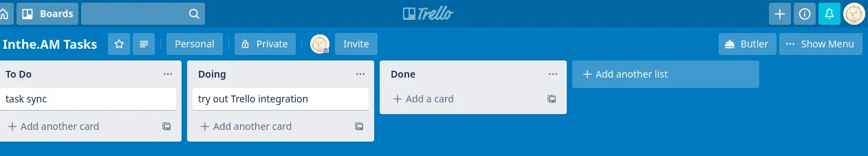 Trello showing my active tasks