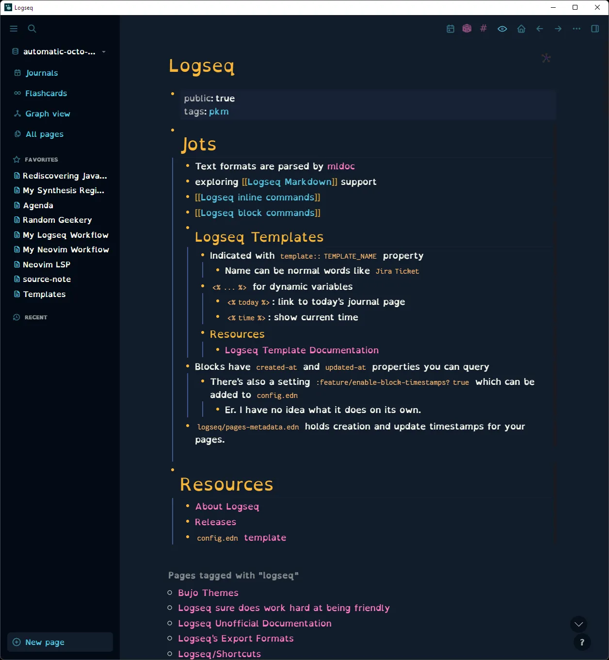 Some of those jots go back to Logseq 0.1.x, so don't trust them. Logseq page in Logseq with custom style