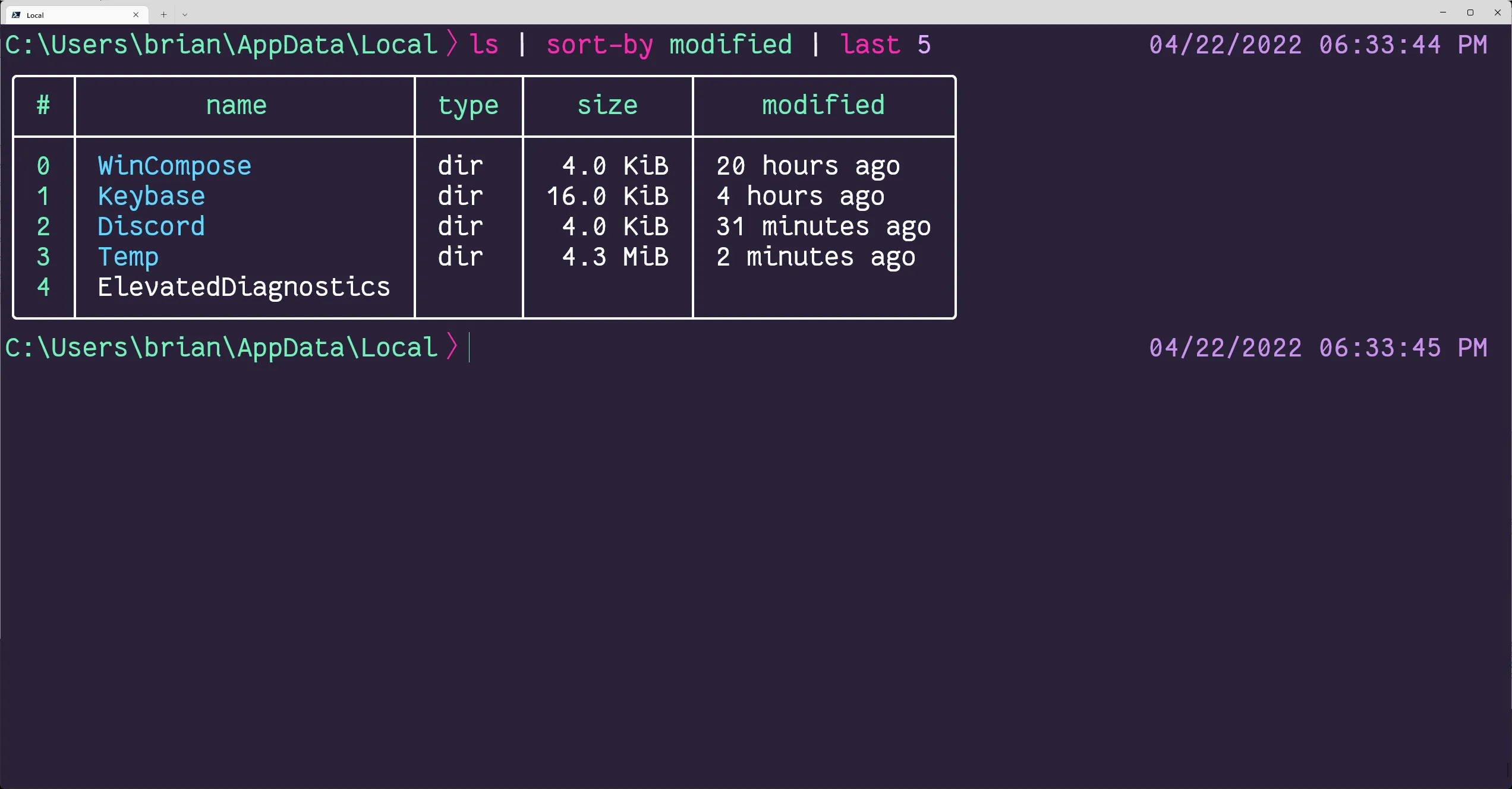 output of ls in Nushell on Windows