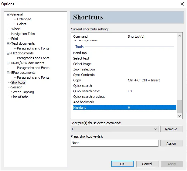 STDU Viewer options showing keyboard shortcuts screenshot of options panel